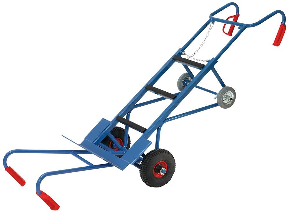 Gerätekarre, Schaufel 550x190 mm, BxH 700x1300 mm, kompl. mit Lufträdern, Treppensternen, Tragholm und Spanngurt, Traglast 400 kg, RAL 5007 blau