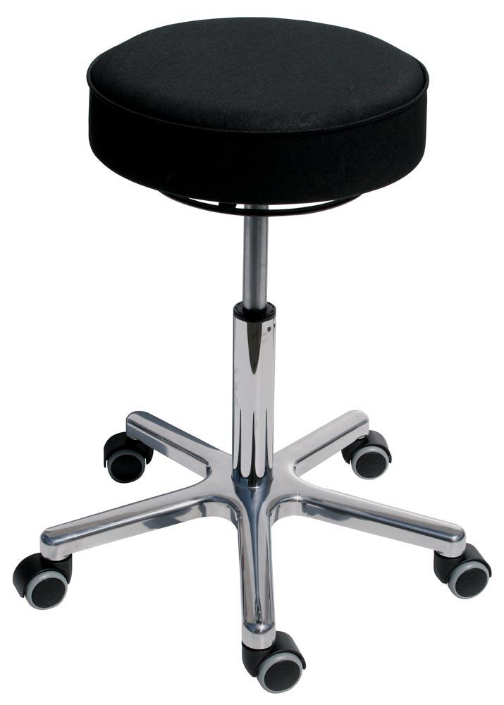 Drehhocker mit Gaslift verchromt, mit Rollen, Sitzfläche mit Kunstleder, Sitz Höhe 540-720 mm, schwarz