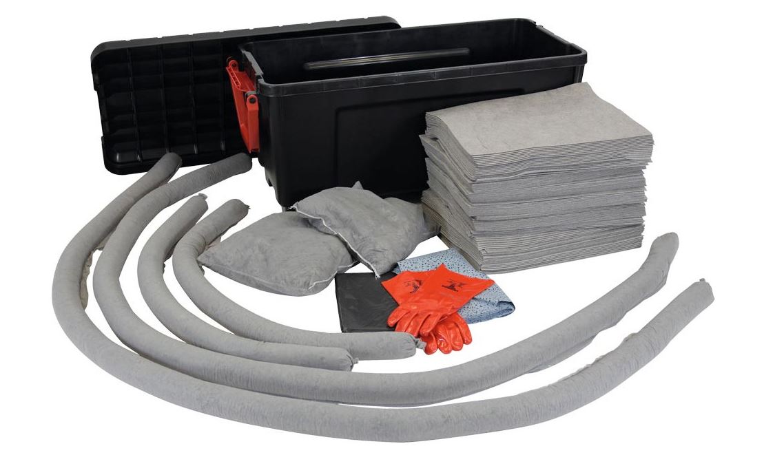 Notfall-Set, BxTxH 840x600x660 mm, Aufn. 150 l, 100 Tücher, 4 Schlängel, 2 Kissen, 20 Wischtücher, Handschuhe, Entsorgungssäcke, alle Flüss., grau