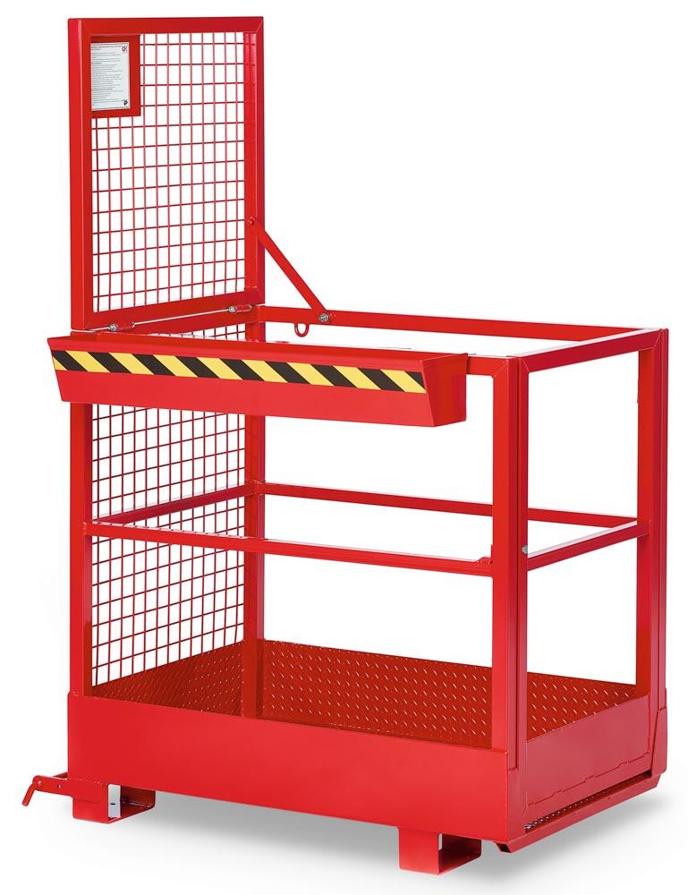 Arbeitskorb mit Aufnahme von der schmalen Seite, Zulässig für 2 Personen, BxTxH 800x1200x1900 mm, Traglast 300 kg, RAL 3000 feuerrot