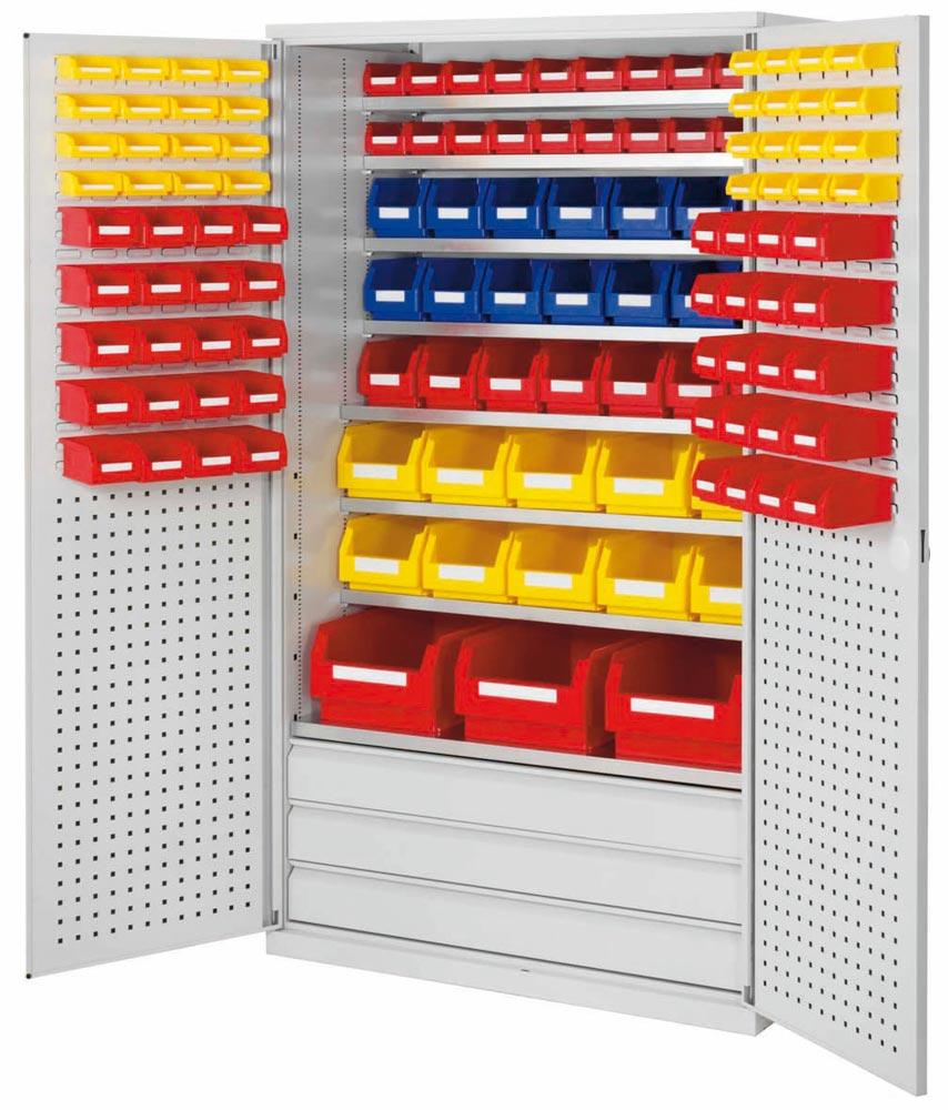 Großraumschrank, Türen mit Lochplatten, Kästen: 20xGr. 4, 28xGr. 6, 30xGr. 7, BxTxH 1130x590x1950 mm, RAL 7035 lichtgrau