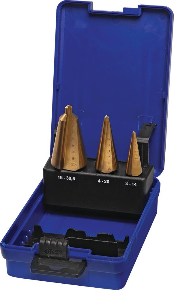 Blechschälbohrersatz 3-14/4-20/16-30,5 mm HSS-TiN 3 teilig Kunststoffkassette