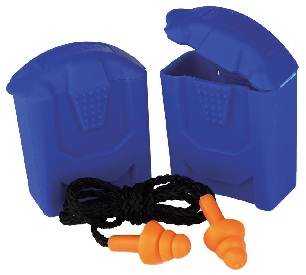 Pro-Fit Mehrweg-Gehörschutzstöpsel orange mit Kordel, 3 Lammellen, SNR 25 dB(A), inkl. Box blau