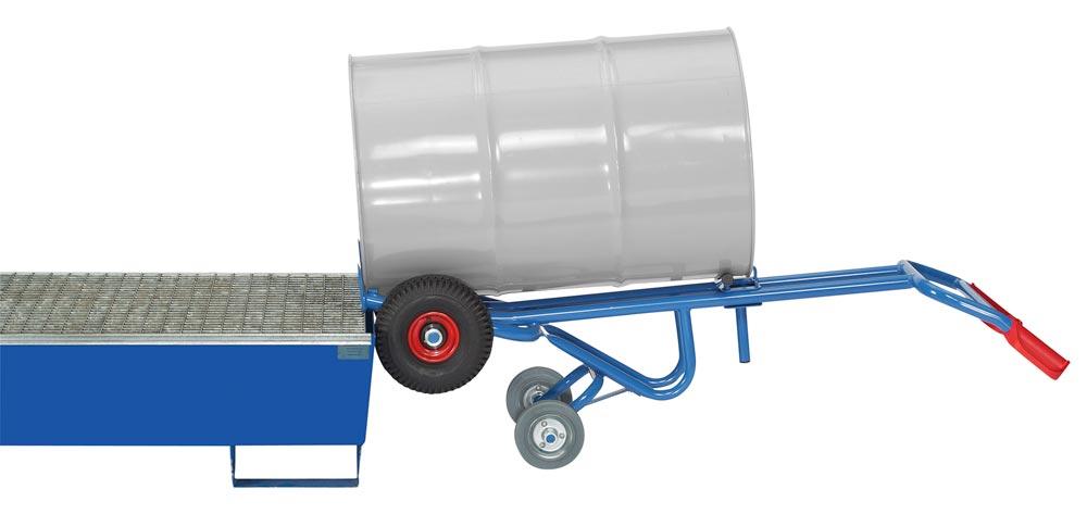 Fasskarre, für 200-l-Fässer mit Rand, BxH 680x1600 mm, Traglast 300 kg, Vollgummibereifung, mit Stützradsatz, RAL 5007 brillantblau