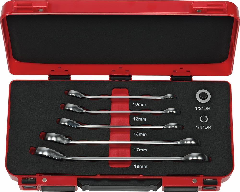 Ratschen-Ringmaulschlüssel-Satz 10-19 mm, umschaltbar mit Adapter im Koffer Ratschen-Ringmaulschlüssel-Satz 10-19 mm, umschaltbar mit Adapter im Koffer