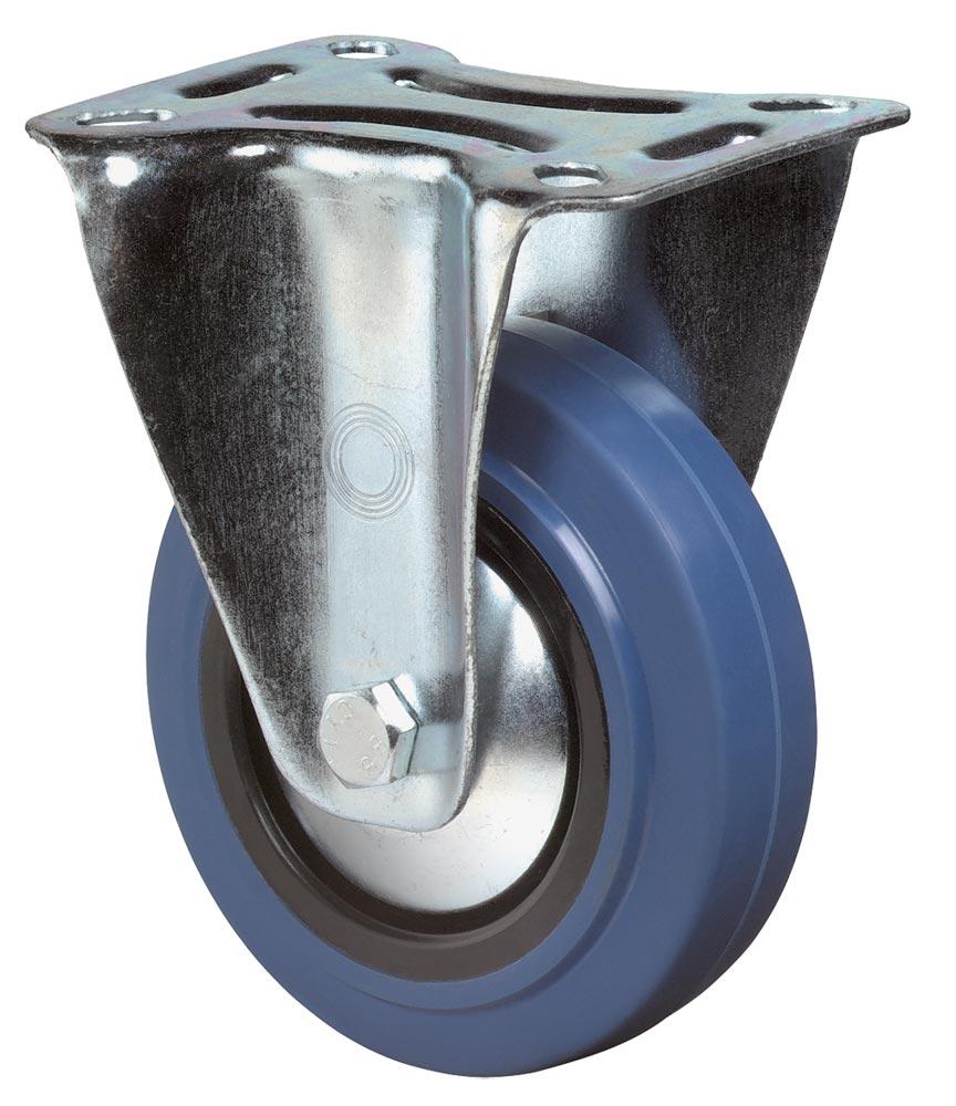 Transportgeräte-Bockrolle, Elastik-Vollgummi blau, Durchm. 125 mm, Traglast 140 kg, Rollenlager, Anschraubplatte