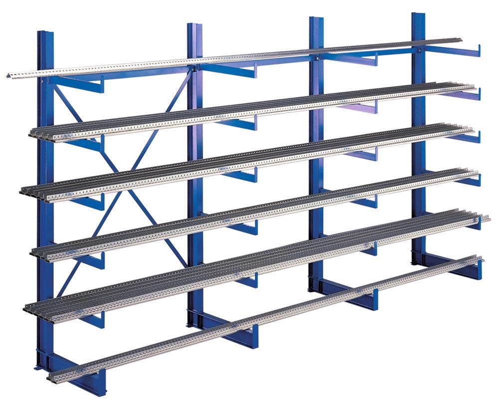 Kragarmregal, einseitig, Grundfeld, 2 Ständer, 6 Lagerebenen, BxTxH 1250x615x2000 mm, RAL 5010 enzianblau, Armlast 200 kg