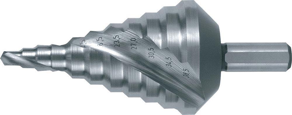 Stufenbohrer Bohrbereich 5,3 - 38,5 mm HSS spiralgenutet Schneidenanzahl 2 Stufenanzahl 11