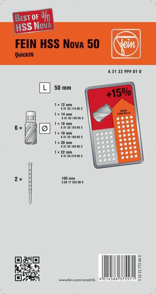 Kernbohrersatz Best Of 8-teilig Ø 12-22 mm HSS Schnitttiefe 50 mm QuickIN