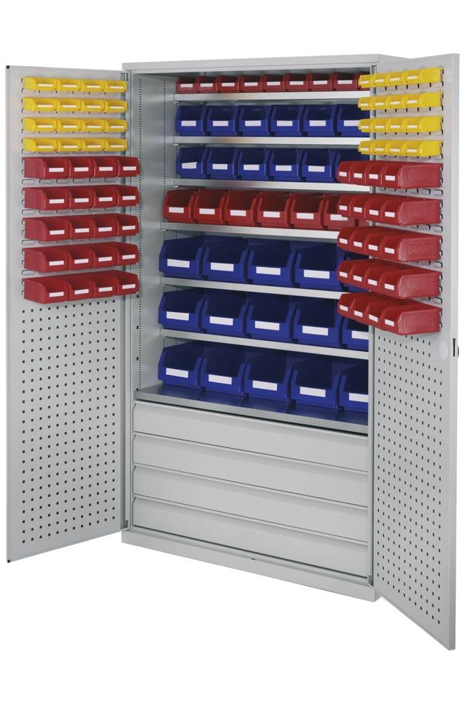 Großraumschrank, Türen mit Lochplatten, Kästen: 20xGr. 4, 28xGr. 6, 30xGr. 7, BxTxH 1130x590x1950 mm, RAL 7035 lichtgrau