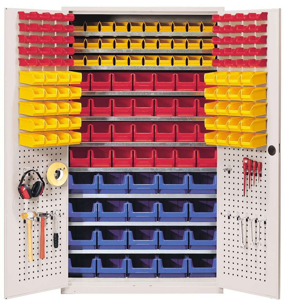 Großraumschrank, BxTxH 1100x530x1950 mm, 3 Schub., Kästen: 40xGr. 6 rot, 70xGr. 5 blau, 21xGr. 4 gelb, 5xGr. 3z rot, 6xGr. 2z grün, RAL 7035 lichtgrau