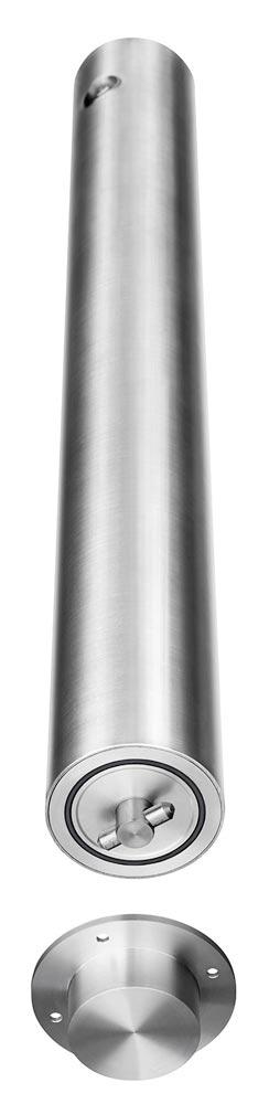 Edelstahlsperrpfosten, rund, Durchm. 102 mm, zum Einkleben oder Aufschrauben, Einbautiefe der Bodenhülse 35 mm, mit Spitzkopf