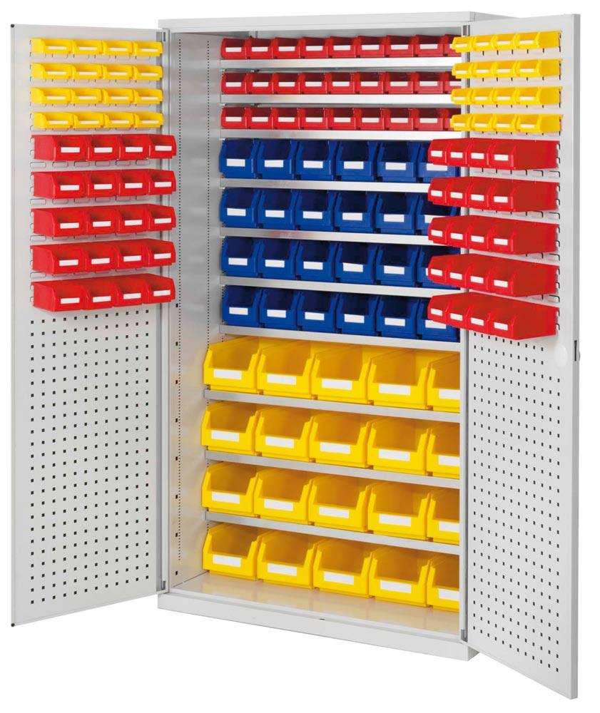 Großraumschrank, Türen mit Lochplatten, Kästen: 20xGr. 4, 28xGr. 6, 30xGr. 7, BxTxH 1130x590x1950 mm, RAL 7035 lichtgrau