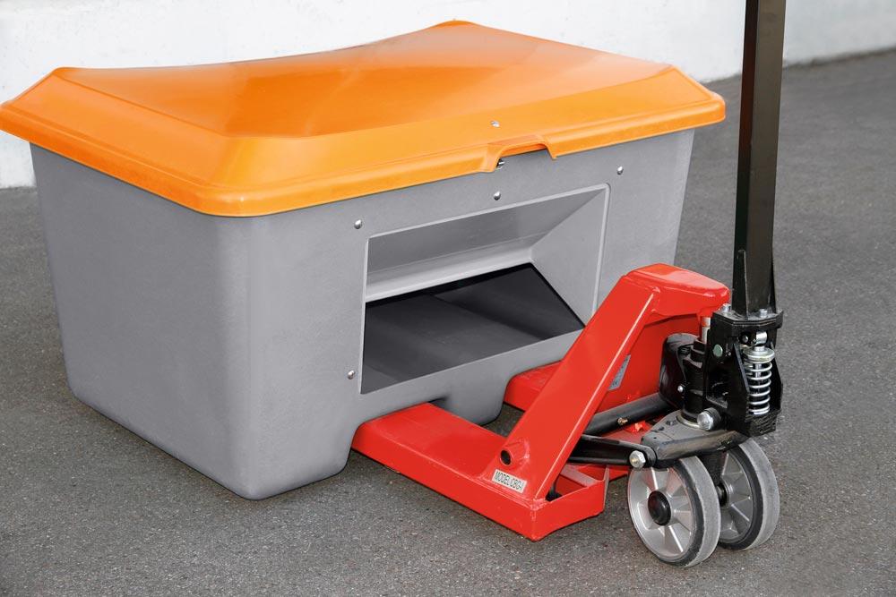 Streugutbehälter 400 l, Außenmaß BxTxH 1210x820x680 mm, ohne Entnahmeöffnung, mit Staplersockel, Korpus grau, Deckel orange