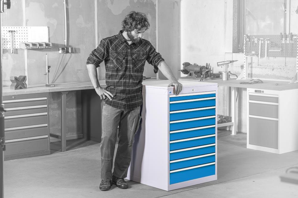 Schubladenschrank, 5 Schubladen: 2x100,2x150,1x200mm, Zylinderschloss, BxTxH555x736x819mm, RAL7035/5012