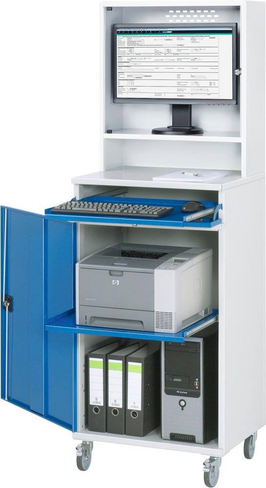 Schrank, BxTxH 650x520x1185/1895 mm, 1 Auszugböden, Monitorgehäuse Tiefe 250 mm, Rollensatz, RAL 7035/5010