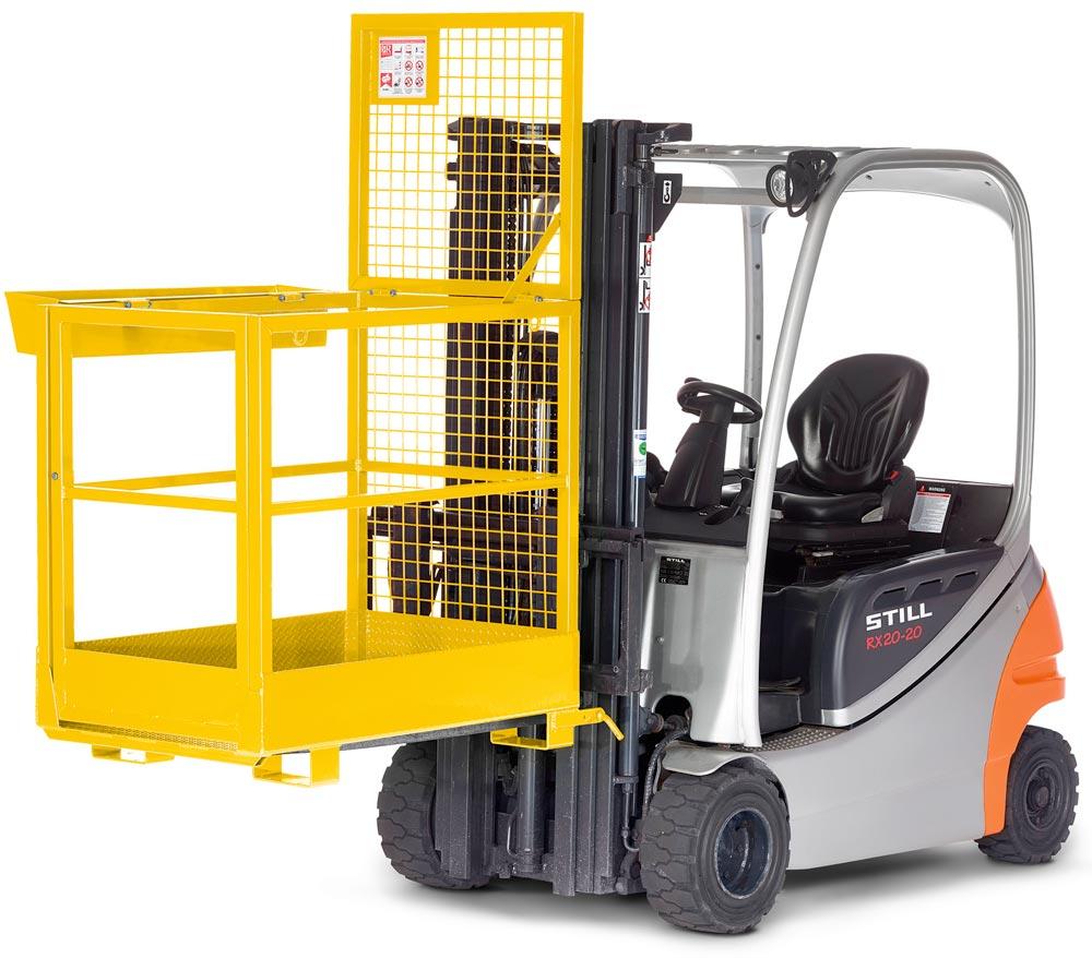 Arbeitskorb mit Aufnahme von der schmalen Seite, Zulässig für 2 Personen, BxTxH 800x1200x1900 mm, Traglast 300 kg, RAL RAL 1023 verkehrsgelb