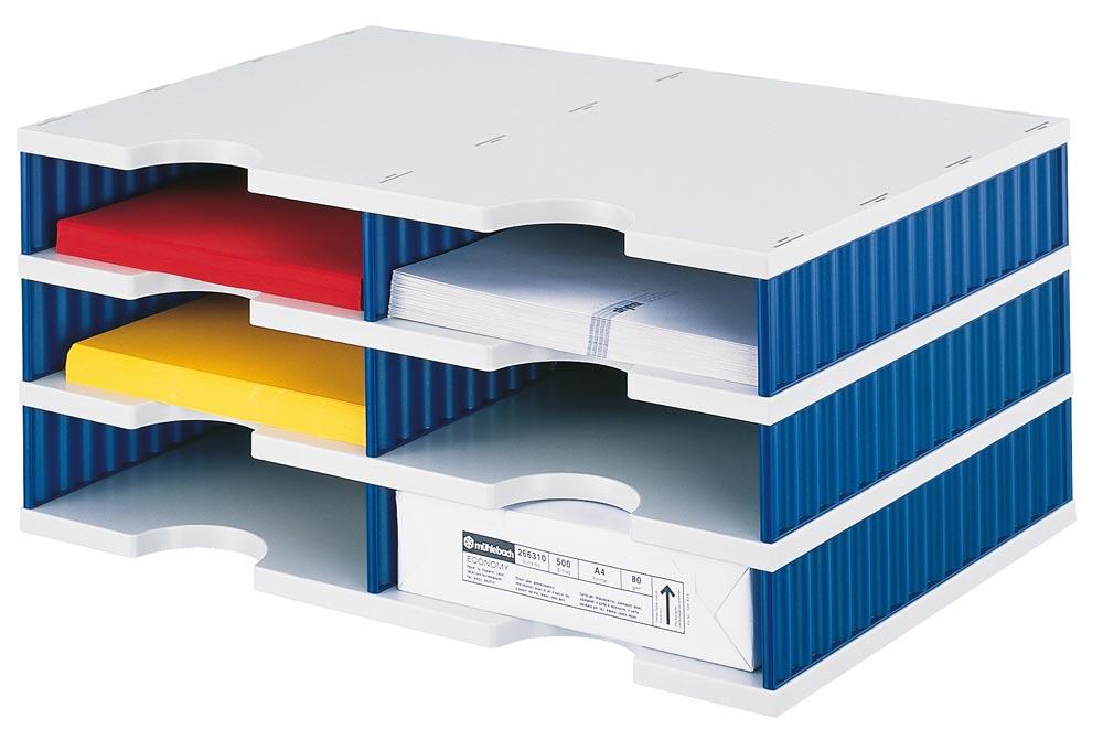 Ablage- und Sortiersystem, Grundmodul, 2x3 Fächer, BxTxH 485x331x223 mm, Polystyrol, grau/blau