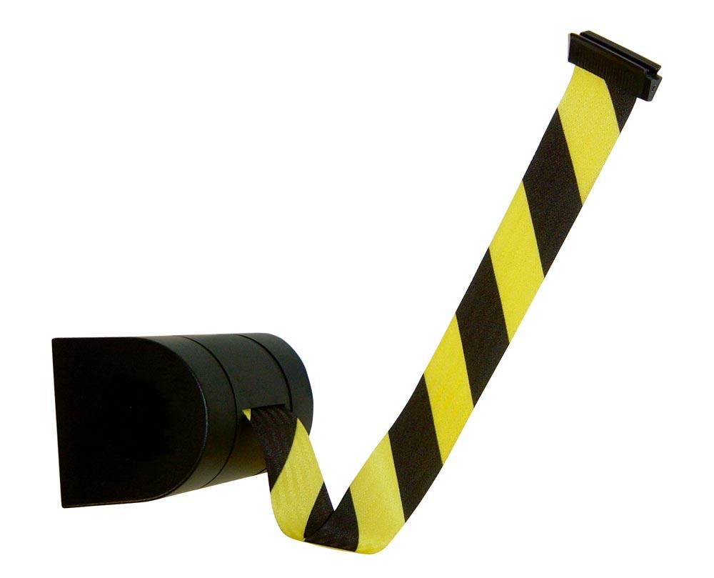 Wandkassette mit Rollgurt, Wandfixierung inkl. Wandanschluss, Gehäuse Kunststoff schwarz, Gurt 9 m, gelb/schwarz