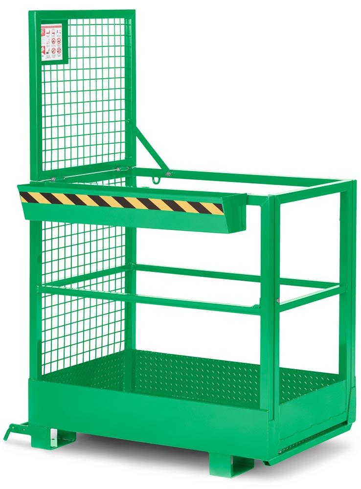 Arbeitskorb mit Aufnahme von der schmalen Seite, Zulässig für 2 Personen, BxTxH 800x1200x1900 mm, Traglast 300 kg, RAL 6018 gelbgrün