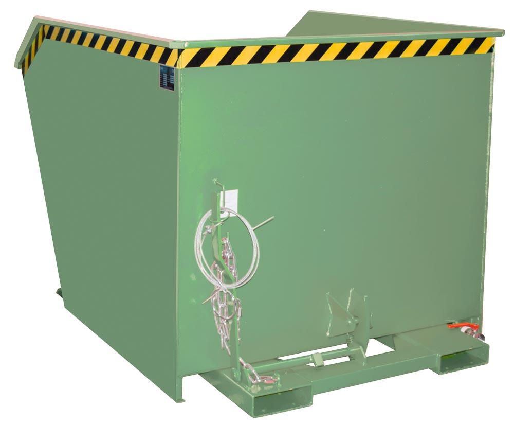 Späne-Mulden-Selbstkippbehälter, automatischer Aufrichter, Traglast 1500 kg, LxBxH 1640x1280x1090 mm, Vol. 1,5 cbm, RAL 6011 resedagrün