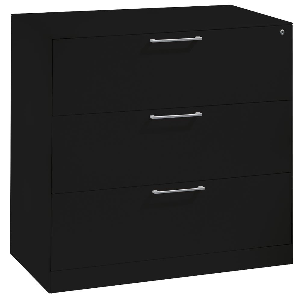 Karteischrank, BxTxH 800x600x698 mm, DIN A5, dreibahnig, 3 Schubladen, Bügelgriff, RAL 7021 schwarzgrau