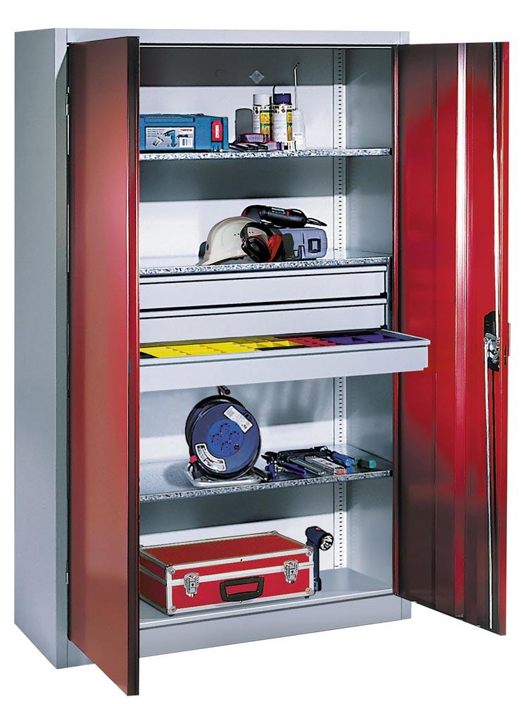 Großraum-Werkzeugschrank mit Vollblech-Flügeltüren, 3 Schubladen mittig, 3 Verstellböden, BxTxH 930x500x1950 mm, RAL 7035