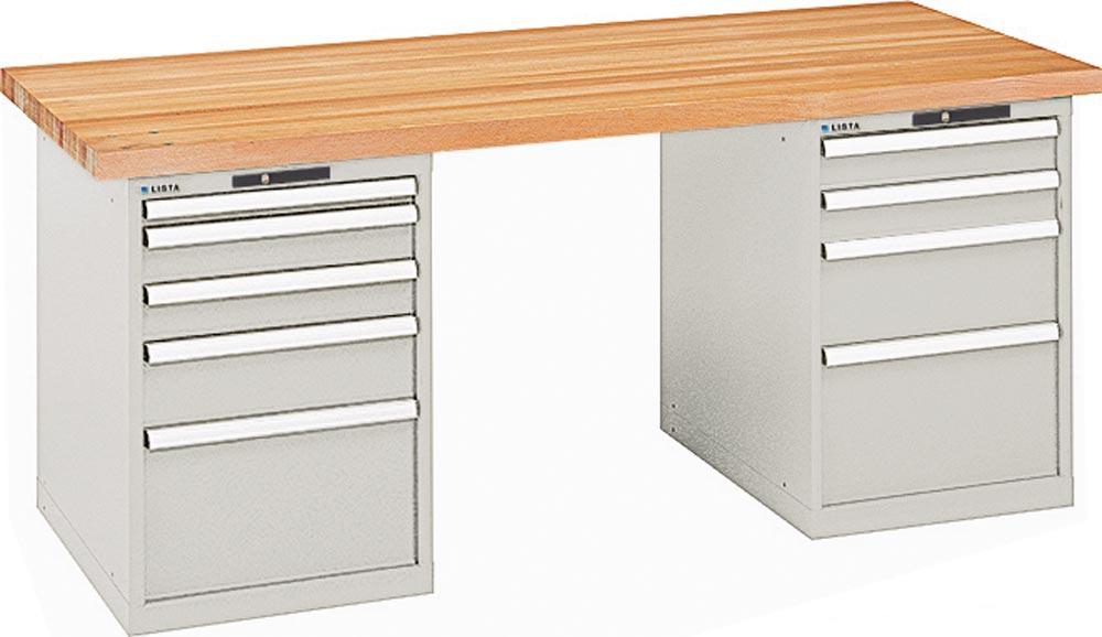 Werkbank, 2 Schubladenblöcke, links 5,rechts 4 Schubladen, elektr. Zahlenschloss, Buchepl. 50 mm, BxTxH 2000x800x850 mm, RAL 7035