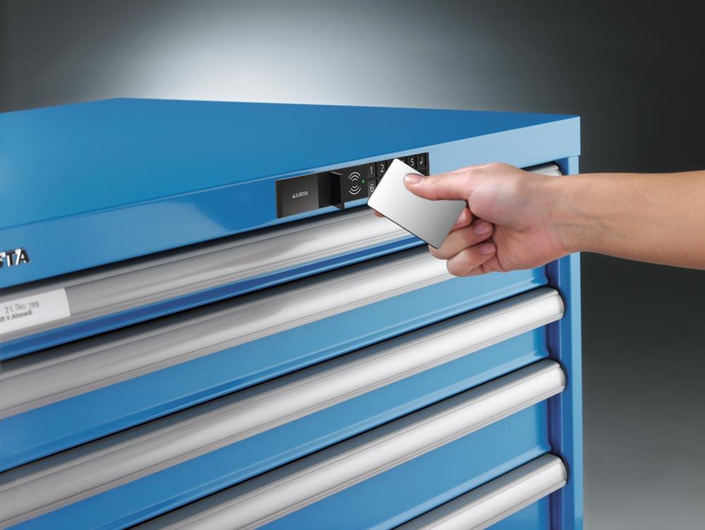 Schubladenschrank, Traglast/Schubl.: 200 kg, 7 Schubl.: 50, 2x75, 2x100, 200, 300 mm,RFID-Schloss, BxTxH 1023x725x1000 mm, RAL 7035
