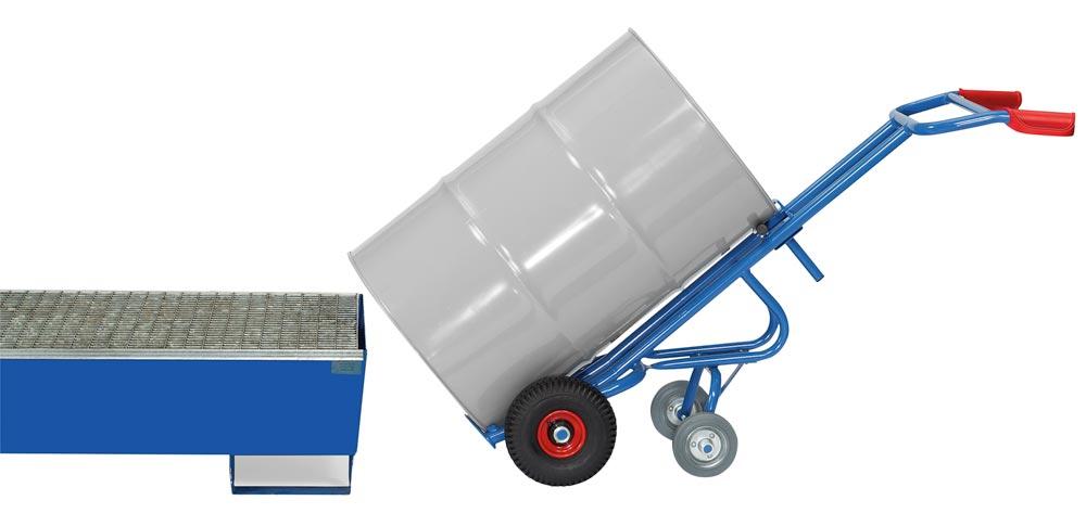 Fasskarre, für 200-l-Fässer mit Rand, BxH 680x1600 mm, Traglast 300 kg, Vollgummibereifung, mit Stützradsatz, RAL 5007 brillantblau