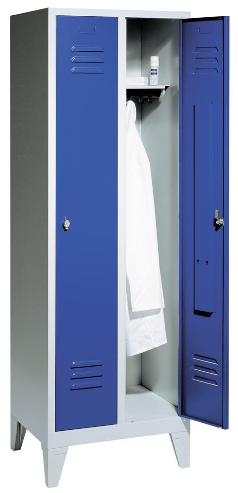 Garderobenschrank, einzeln verschließ. Abteil, BxTxH 610x500x1850 mm, 2 Abteile, B 300 mm, Füße, Drehriegel RAL 7035/5010