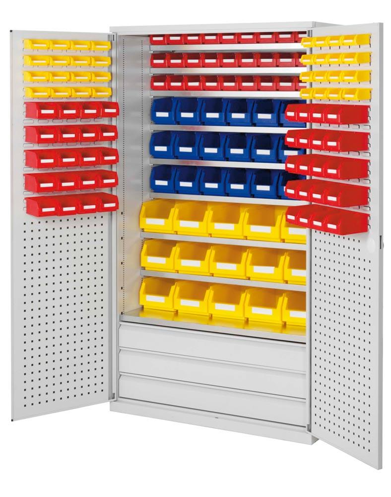 Großraumschrank, Türen mit Lochplatten, Kästen: 20xGr. 4, 28xGr. 6, 30xGr. 7, BxTxH 1130x590x1950 mm, RAL 7035 lichtgrau
