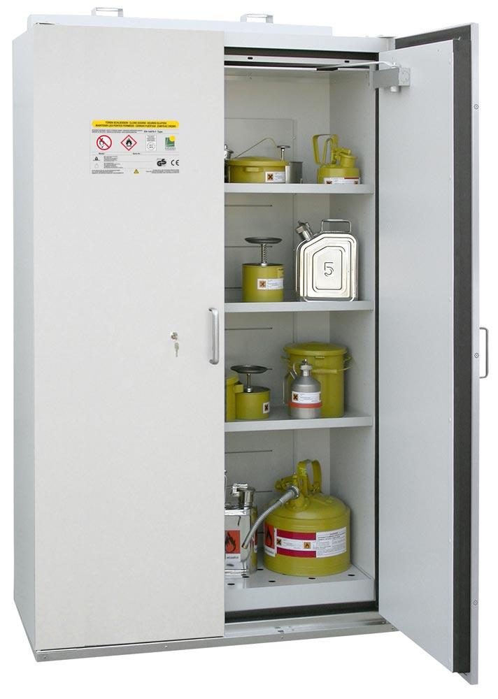 Gefahrstoffschrank, BxTxH 1190x598x1935 mm, Innen HPL, 3 Böden, 1 Bodenauffangwanne mit Lochblecheinsatz, Typ 90, RAL 7035