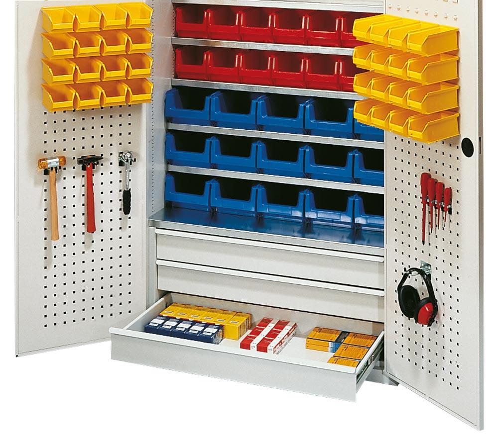 Großraumschrank, BxTxH 1100x530x1950 mm, 3 Schub., Kästen: 40xGr. 6 rot, 70xGr. 5 blau, 21xGr. 4 gelb, 5xGr. 3z rot, 6xGr. 2z grün, RAL 7035 lichtgrau