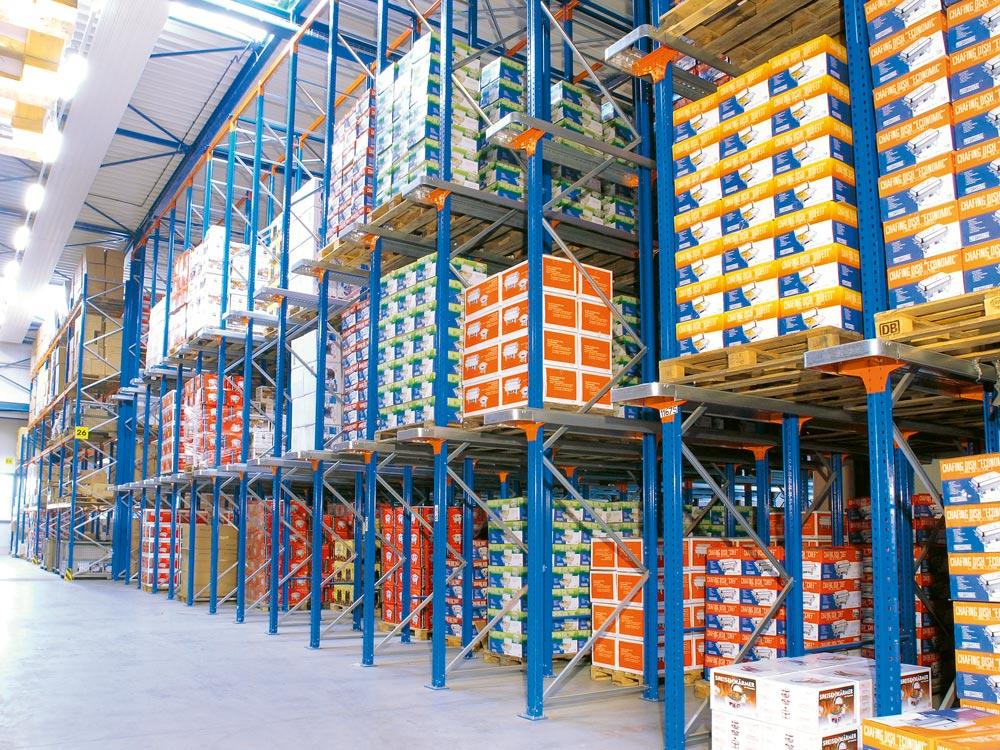 Palettenregal-Set, BxTxH 8540x1100x4000 mm, 3 Lagerebenen, Fachlast 3000 kg, Feldlast 7115 kg, Rahmen blau, Holme reinorange
