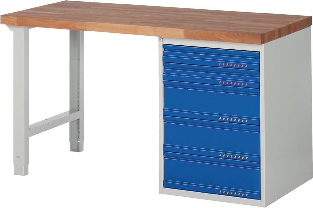 Werkbank Serie BK 650 B1500xT700xH840mm Buche massiv lichtgrau, RAL 7035 enzianblau, RAL 5010 5 Schubladen