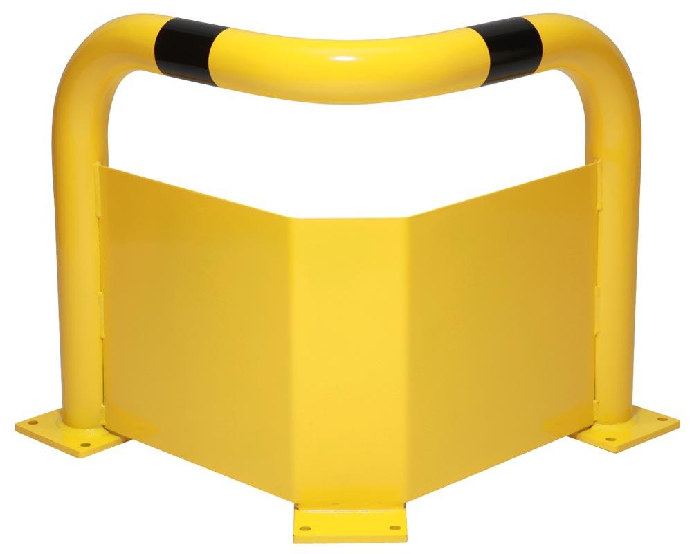 Eck-Rammschutz-Bügel, mit Unterfahrschutz, Rundrohr 76/3 mm, zum Aufdübeln, Innenbereich, Farbe gelb/schwarz, BxTxH 600x600x350 mm