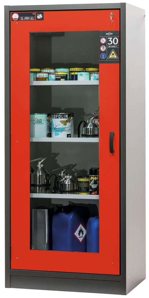 Gefahrstoffschrank m. Sichtfenstertüren, BxTxH 864x620x1947 mm, 3 Böden, 1 Bodenwanne, 1 Lochblech, FWF 30, ähn. RAL 7016/3020