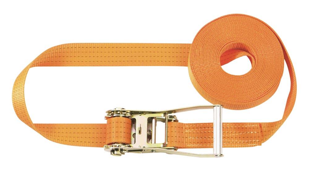 Einteiliger Zurrgurt, 4000 daN zul. Zugkraft in der Umreifung, Gurtbreite 50 mm, Länge 6 m, Farbe orange, 4 Streifen, VE 2 Stück