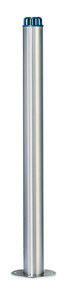 Edelstahlsperrpfosten, rund, Durchm. 76 mm, herausnehmbar aus Bodenhalterung, mit Dreikant-Feuerwehr verschluss, mit Kettenkopf