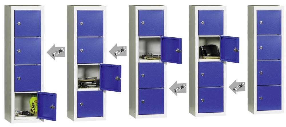 Kleinfachschrank, Modulsystem, Wandbefestigung, BxTxH 225x200x778 mm, 4 Fächer, Türen glatt, Schloss, RAL 7035/5010 lichtgrau/enzianblau