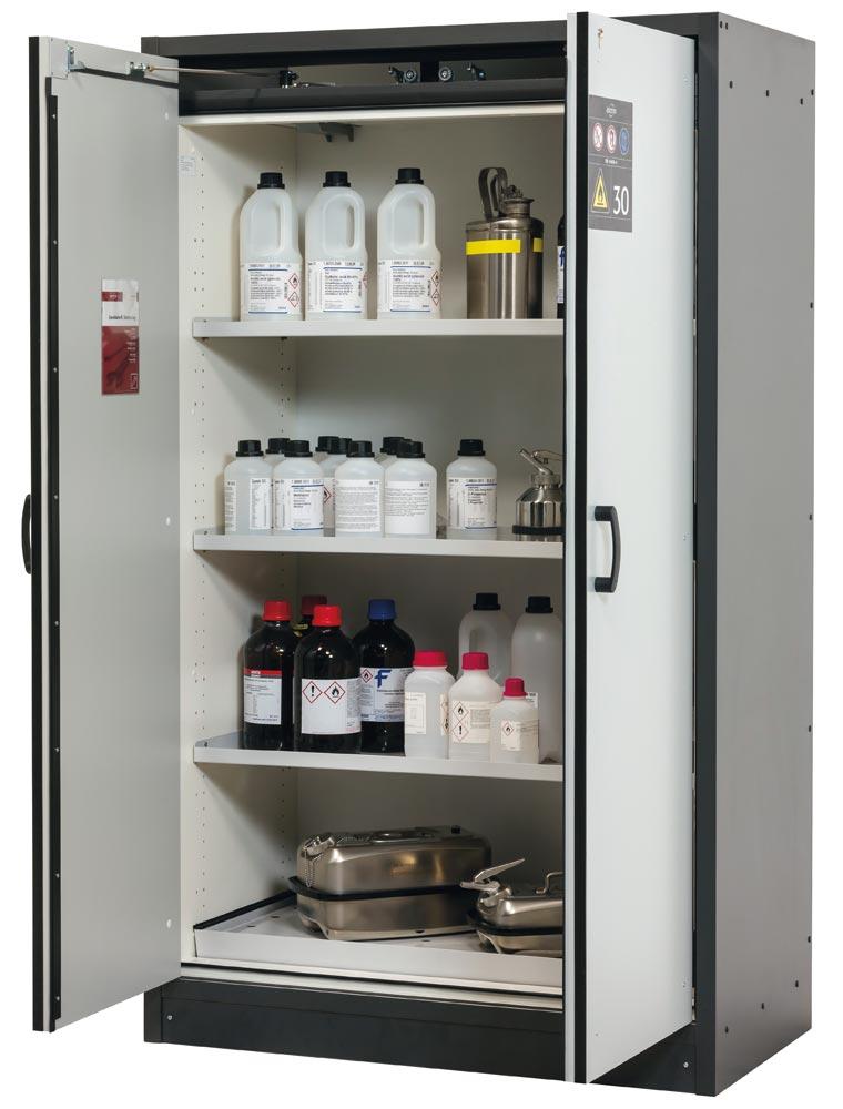 Gefahrstoffschrank, BxTxH 1164x620x1947 mm, 3 Böden, 1 Bodenauffangwanne mit Lochblecheinsatz, FWF 30, ähn. RAL 7016/7035