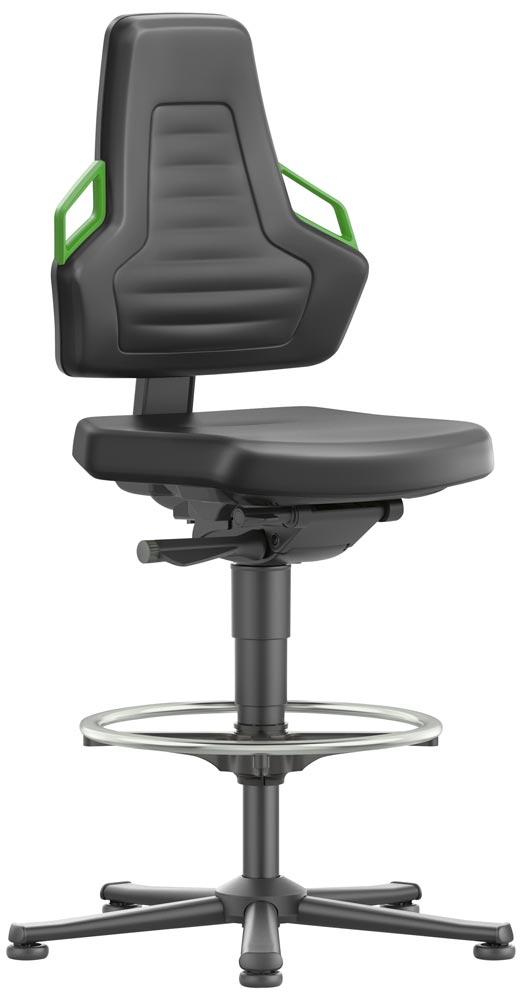 Arbeitsdrehstuhl mit autom. Gewichtregulierung, Sitz Kunstleder schwarz, Griffe grün, Gleiter u. Fußring, Sitz Höhe 570-820 mm