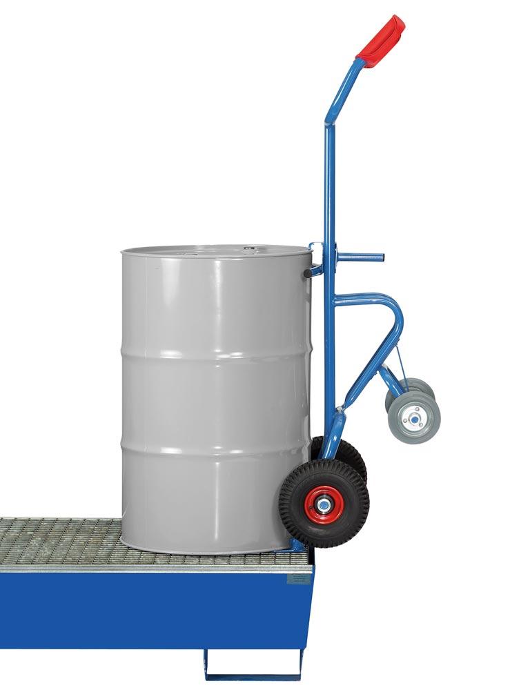 Fasskarre, für 200-l-Fässer mit Rand, BxH 680x1600 mm, Traglast 300 kg, Vollgummibereifung, mit Stützradsatz, RAL 5007 brillantblau