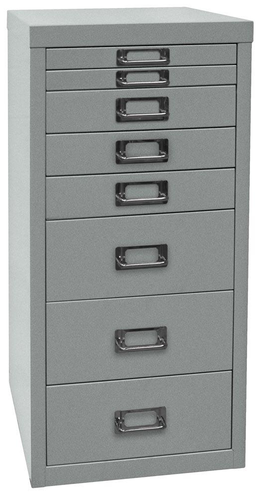 Büro-Schubladenschrank, BxTxH 279x380x590 mm, 8 Schubladen 2x25, 3x51, 3x102 mm, DIN A4, silber