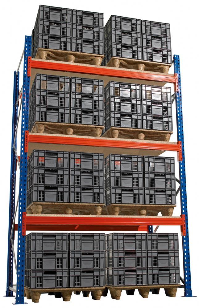 Palettenregal-Set, BxTxH 8540x1100x4000 mm, 3 Lagerebenen, Fachlast 3000 kg, Feldlast 7115 kg, Rahmen blau, Holme reinorange