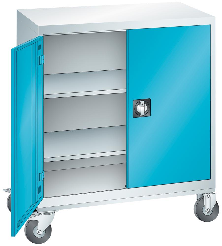 Mobiler Flügeltürenschrank, Vollblechtüren, BxTxH 1005x500x1195 mm, 2 Fachböden, verzinkt, TL 100 kg, RAL 7035/5012