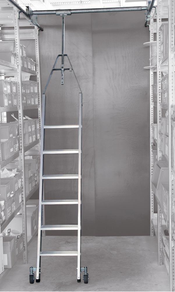 Aluminium-Regalleiter für Doppelregal, drehbar, 80 mm tiefe Stufen, 12 Stufen, 4 m senkr. Einhängehöhe, Stufenabst. 235 mm, 20 Grad