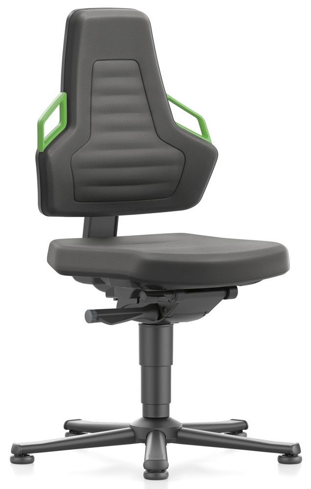 Arbeitsdrehstuhl mit autom. Gewichtregulierung, Sitz Supertec schwarz, Griffe grün, Gleiter, Sitz Höhe 450-600 mm
