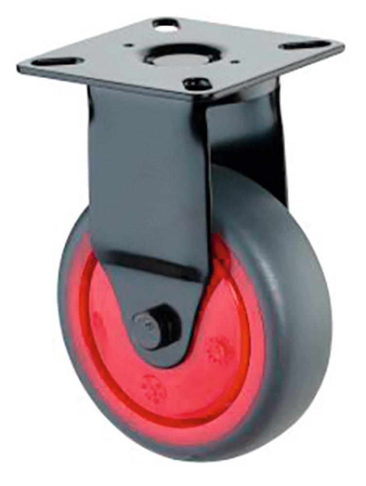 Bockrolle schwarz, thermoplastisches Gummirad grau, DM 50 mm, Tragl. 50 kg, Felge rot, Kugellager, Platte